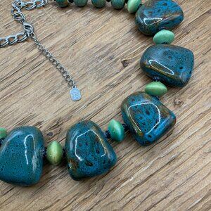You & I Blue Green Ceramic Glass Beaded Silver Tone Chain Necklace